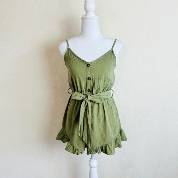 Princess Polly Olive Green Button Embellished Ruffle Hem Self Tie Cami Romper - Picture 1 of 4